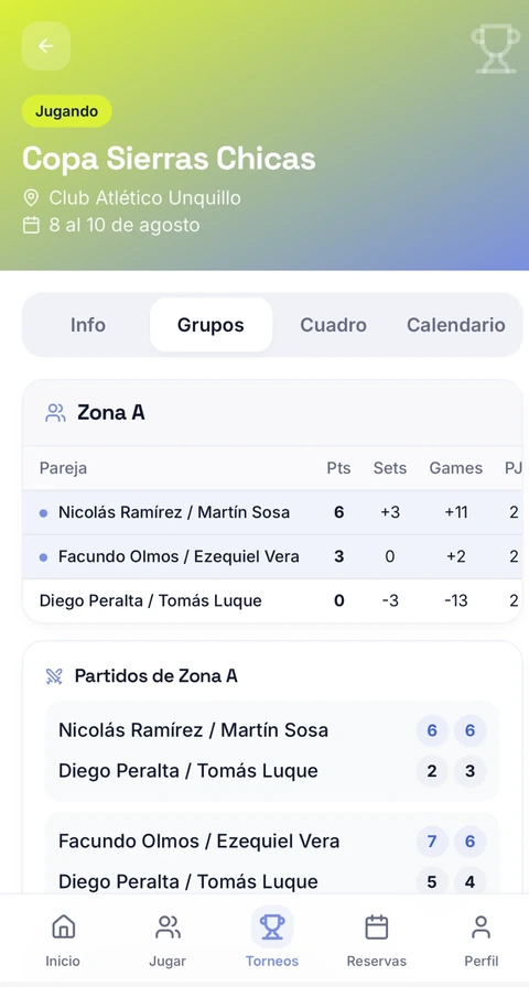 Pantalla de la app Puntoo con las posiciones y los partidos de los grupos de un torneo de pádel